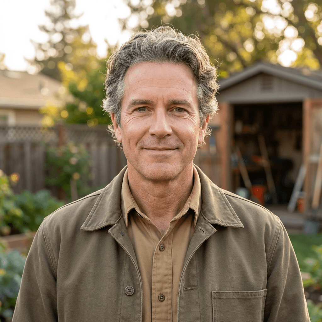 Homeowner in a casual shirt in front of a suburban house