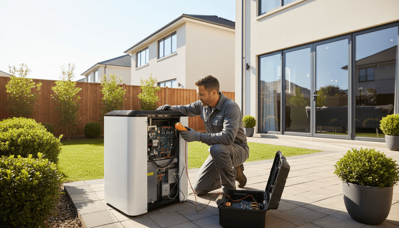HVAC technician inspecting an air conditioning unit outside a home