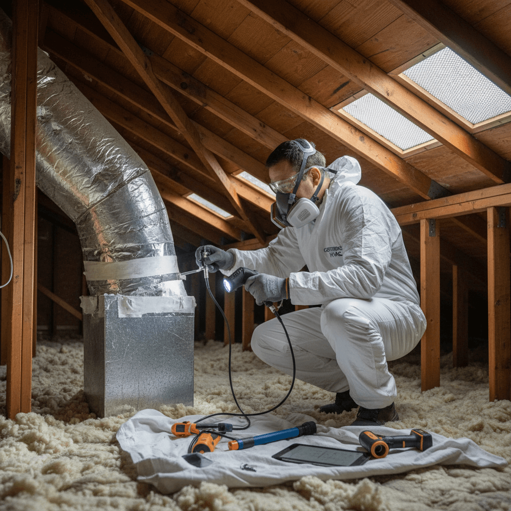 Technician checking ductwork in an attic