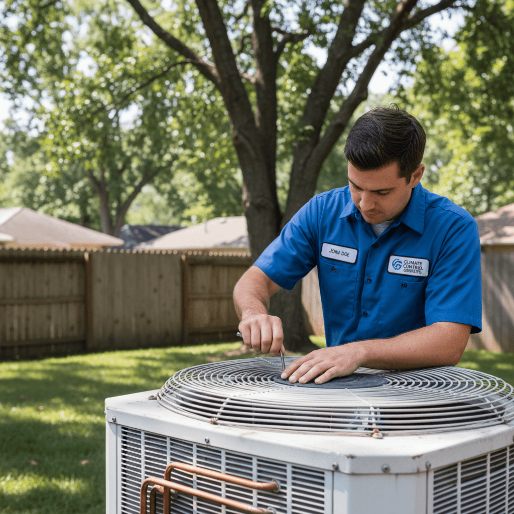 Technician installing a new AC unit behind a home