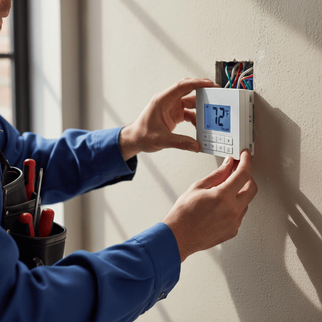 New thermostat being installed and programmed