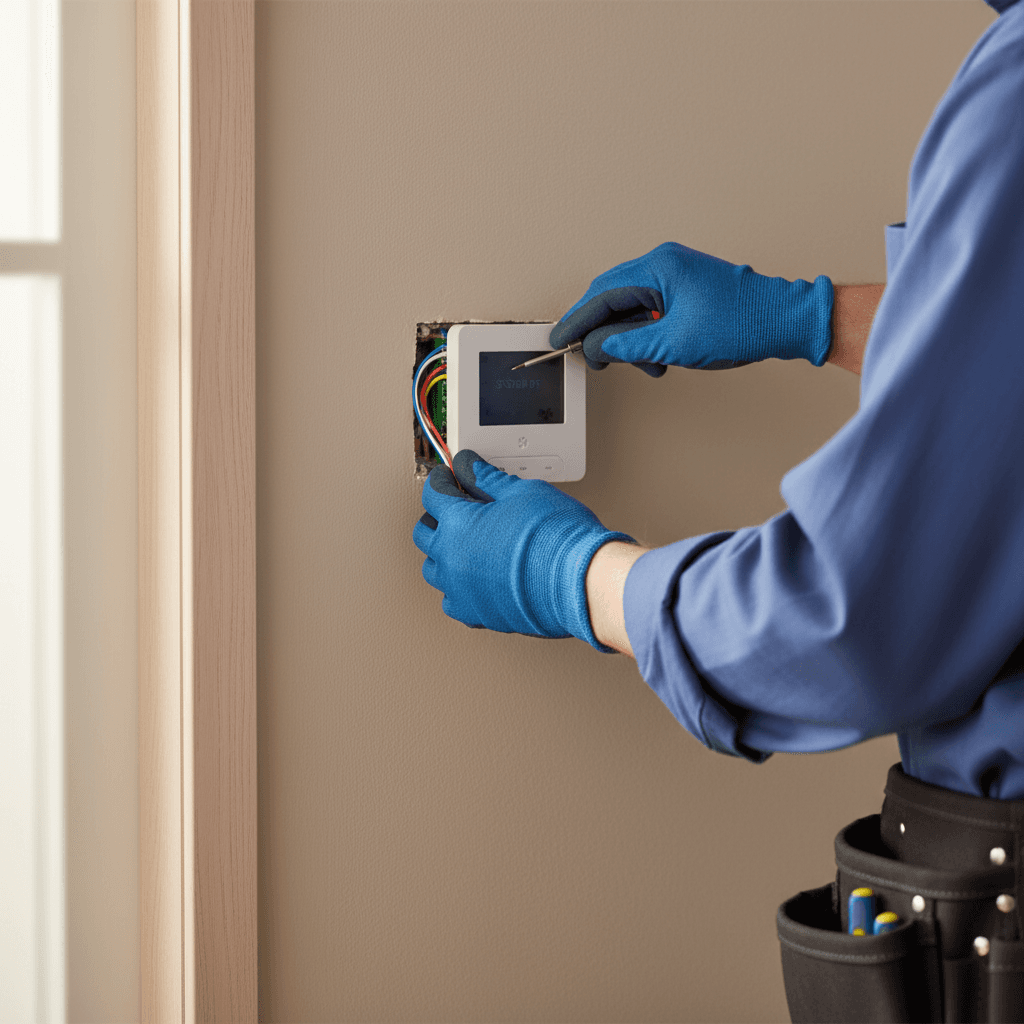 HVAC technician's hands installing digital thermostat on residential wall with professional precision