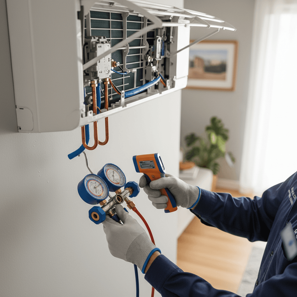 HVAC technician inspecting an air conditioning unit outdoors