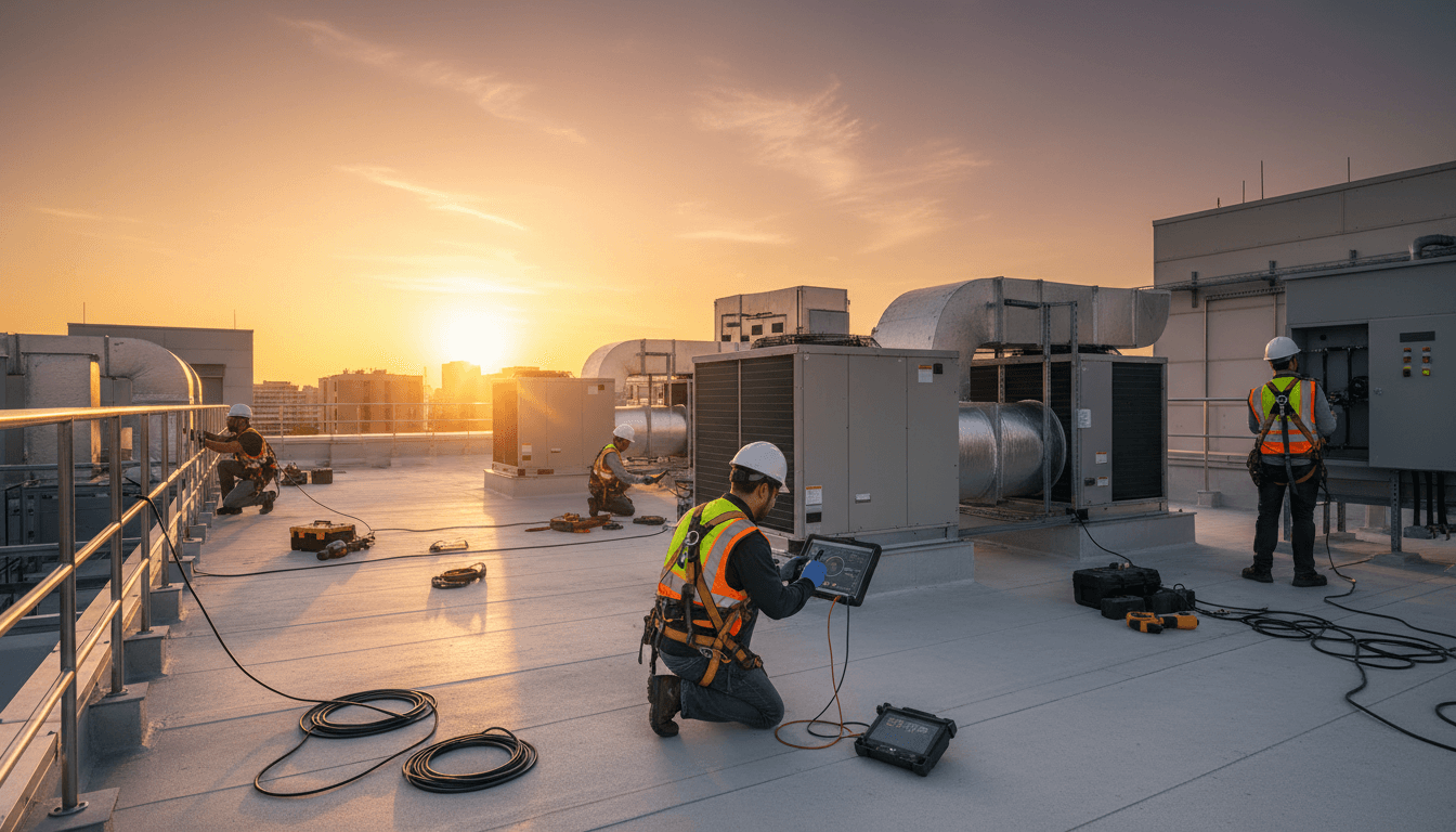 Service on a commercial rooftop HVAC unit