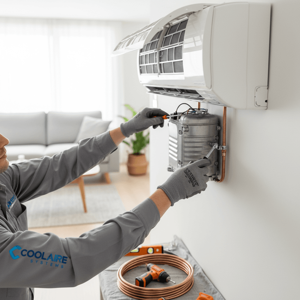 Technician's hands installing wall-mounted air conditioning unit in bright residential interior with natural lighting